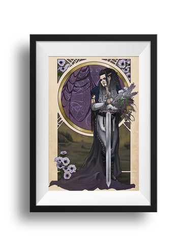 A black frame and white mat hold an art nouveau styled print of Yasha standing, a greatsword pointed to the ground, a large bouquet of flowers over her arm. The frame features the same back circle design as Mollymauk, with her tattered fallen wings overlaying the swirling design. The flowers around the frame are anemones, which mean "forsaken."