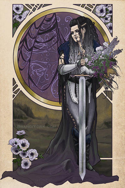 Art nouveau styled print of Yasha standing, a greatsword pointed to the ground, a large bouquet of flowers over her arm. The frame features the same back circle design as Mollymauk, with her tattered fallen wings overlaying the swirling design. The flowers around the frame are anemones, which mean "forsaken."