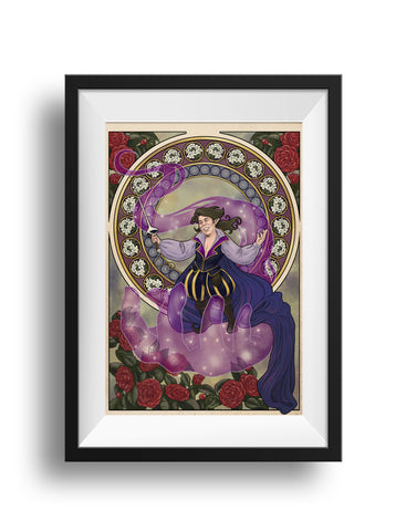 A black frame and white mat hold an art nouveau styled print of Scanlan from Critical Role, riding the giant purple Bigby's Hand, Mythcarver raised as he sings forth a song. The flowers around him feature camellias for "unpretending excellence," and ring has bittercress for "parental error."