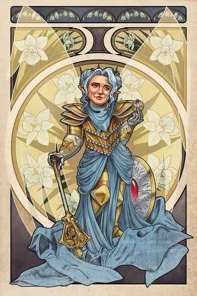 Art nouveau styled print of Pike from Critical Role, standing golden plate with rubies, her mace in hand, her shield at her side. Her translucent golden wings at rest behind her, with the nouveau frame filled with daffodils behind her, which mean "rebirth."