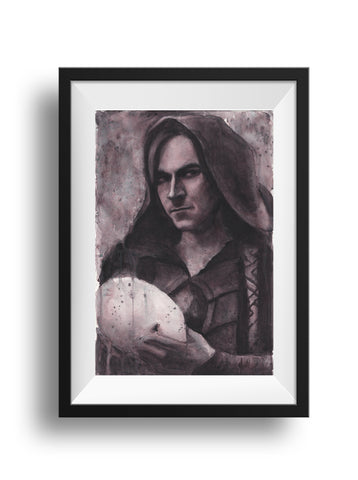 A black frame and white mat hold a monochrome portrait of Matthew Mercer was painted with dark muted purple watercolors, taken from a shot from the Campaign 1 opening credits, as Matt removed the mask from his face, looking toward the camera.
