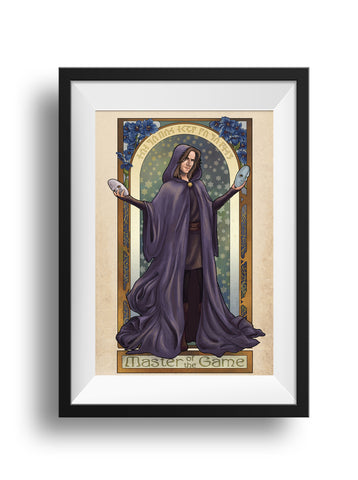 A black frame and white mat hold an art nouveau styled print of Matthew Mercer standing in long flowing robes, closed with a clasp reminiscent of a d20. Behind him is an archway filled with stars, above the portal is an inscription in dwarvish, which reads "How do you want to do this." The flowers around him are blue poppies, meaning "Imagination."
