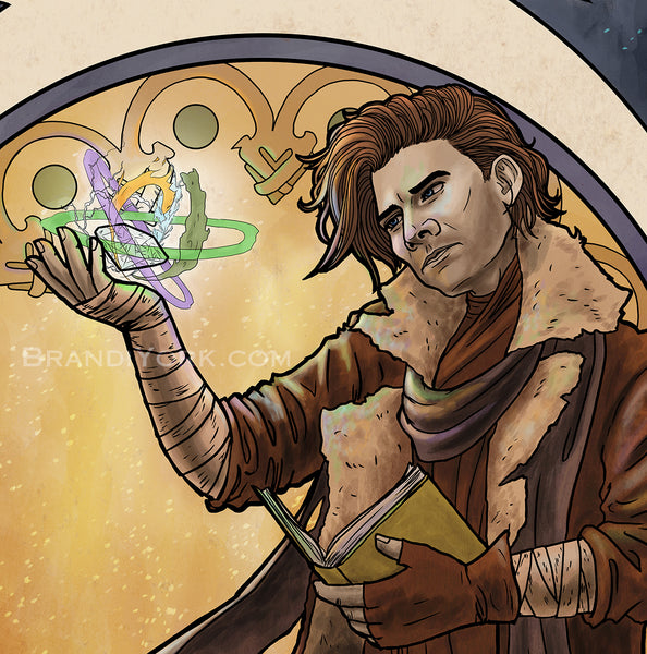 A close up of Caleb's face with spell in his right hand, book in his left.