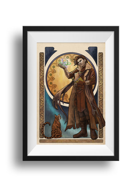 A black frame and white mat hold an art nouveau styled print of Caleb from Critical Role, his coat and scarf billowing, a diamond with spell effects around it in his raised right hand, his spell book in his left. Frumpkin sits at his feet, watching. The frame is a mix of magical cosmos and flame.