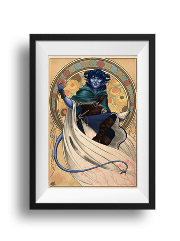 A black frame and white mat hold an art nouveau styled print of Jester from Critical Role sitting with her open sketchbook in her lap, holding a pink donut in her right hand. Behind her is a circular frame filled with lollipops, and pastries fill the inside of the frame. In the bottom corner of the frame is a tiny hamster unicorn.