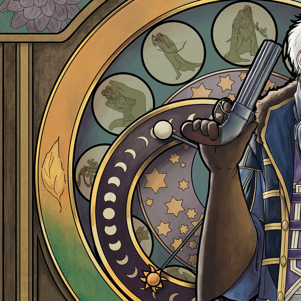 Details of the clock, including Vex, Vax, and Scanlan as part of the clock face details. Stars and a ring with the phases of the moon sit behind Percy's arm.