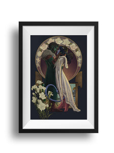 A black frame and white mat hold an art nouveau styled print of Fjord and Jester (with Sprinkle), in an art nouveau frame with gardenias, which mean sweet love, and carnations, which mean sweet and lovely. Behind them is a representation of the stained glass in Jester's room in Widogast's Nascent Nein-Sided Tower.