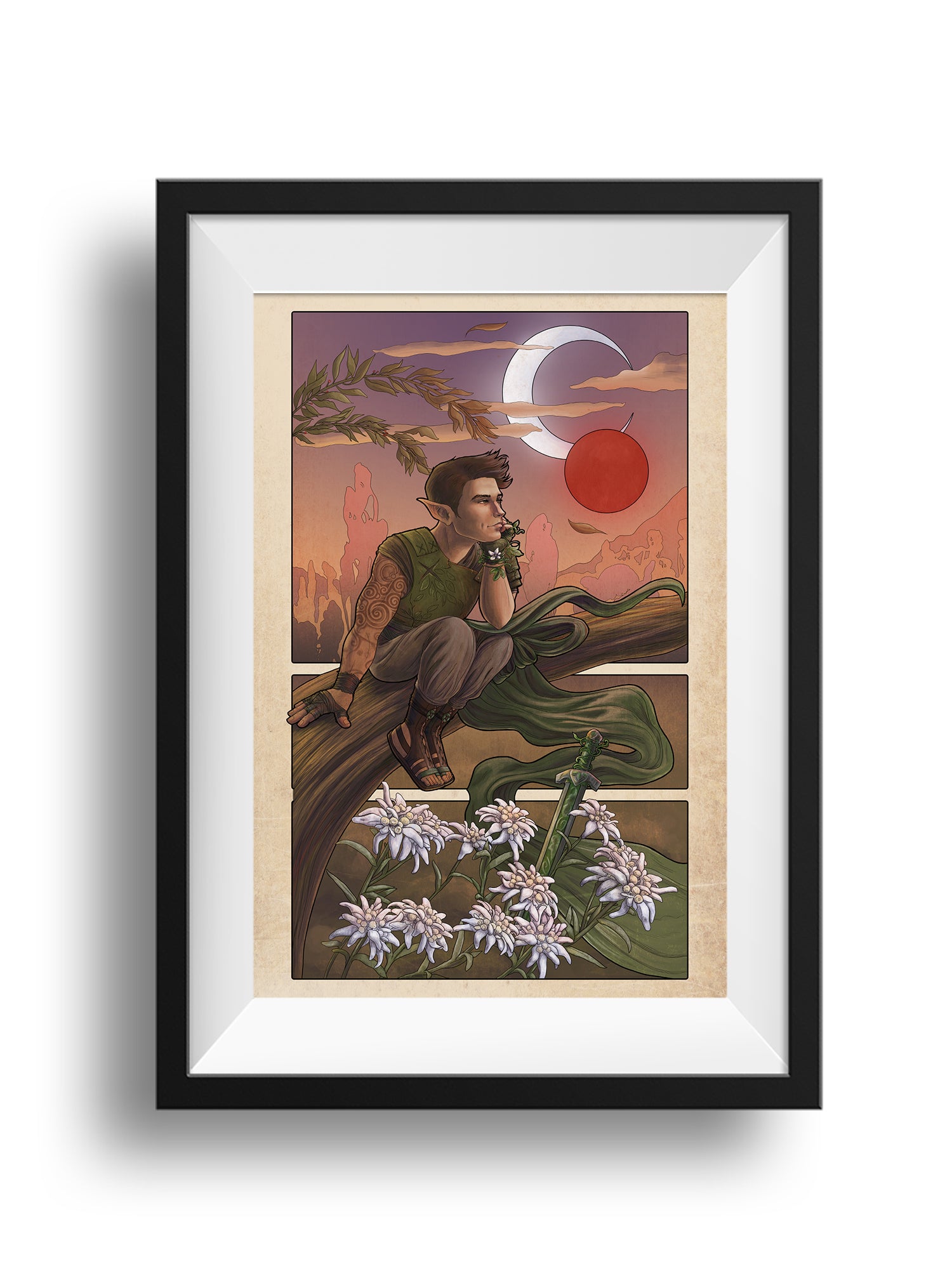 A framed print of Little Moon, featuring Orym sits upon a tree branch, looking off wistfully toward the sunset and the moons Catha and Ruidus as the wind blows through. Below him, his sword, Seedling, is stuck in the ground among edelweiss, which mean devotion and courage.