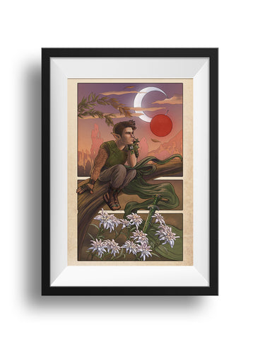 A framed print of Little Moon, featuring Orym sits upon a tree branch, looking off wistfully toward the sunset and the moons Catha and Ruidus as the wind blows through. Below him, his sword, Seedling, is stuck in the ground among edelweiss, which mean devotion and courage.