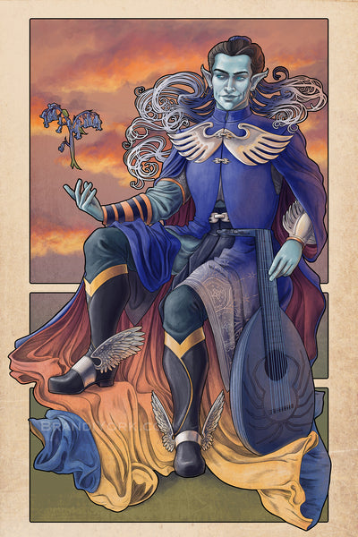 Dorian sits, a hand on his lute, one leg perched higher with his other hand resting, a cut bluebell hovering over his hand, representing loyalty, constancy, humility, and gratitude. An orange sunset behind strikes a counter to his blue vestments and lute, with cloak of radiant sunset pooling at his feet on the grass.