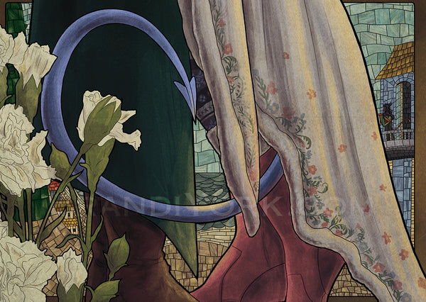 Detail shot of Fjord and Jester's feet, Jester's tail wrapping up with carnations in front. Behind is the stained glass from the tower.