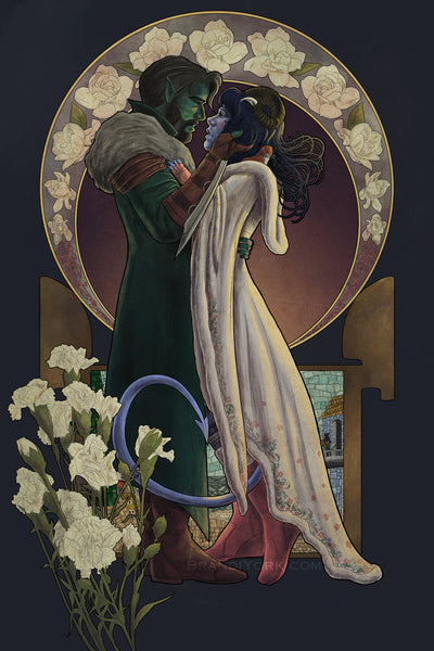 Art nouveau styled print of Fjord and Jester (with Sprinkle), in an art nouveau frame with gardenias, which mean sweet love, and carnations, which mean sweet and lovely. Behind them is a representation of the stained glass in Jester's room in Widogast's Nascent Nein-Sided Tower.