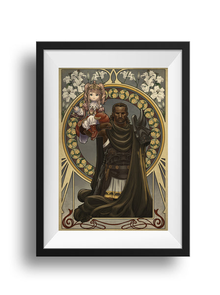 Framed print of Final Fantasy 14's Sultana perched on the arm of Raubahn, her hand up. Behind are flowers in an intricate frame.