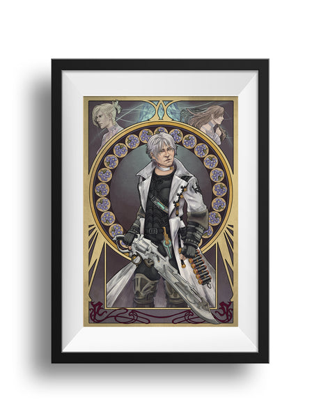 A framed print of Thancred stands with his gunblade, Lion Heart, glancing over his shoulder, his white coat flowing around him. Above him is the crystal Hydaelyn, with Minfilia and Ryne to either side. In the circle of the frame are speedwell flowers, which mean "protection."