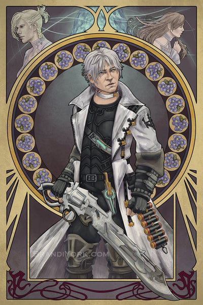 Thancred stands with his gunblade, Lion Heart, glancing over his shoulder, his white coat flowing around him. Above him is the crystal Hydaelyn, with Minfilia and Ryne to either side. In the circle of the frame are speedwell flowers, which mean "protection."