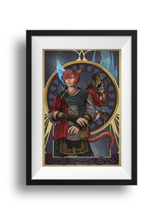 A framed print of G'raha Tia stands in the foreground, one hand wrapped around the wrist of his other as he stares off, a slight smile on his face. Behind him, the Crystal Exarch holds his staff in his crystalline hand, his other hand held up with a finger lifted in a "shhh" motion. Above the Exarch is the Crystal Tower. In the frame around are lungwort flowers, which mean, "Thou art my life."