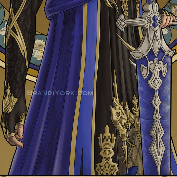 Detail shot of Aymeric's armor and sword.