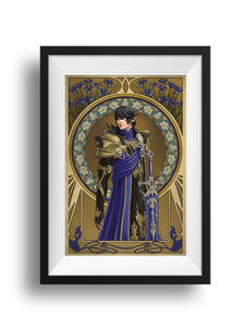 A framed print of Aymeric stands, looking back over his shoulder, one hand on his sword, Naegling. Behind him is a ring of magnolia flowers, which mean nobility and perseverance. Above him in the frame are blue irises, which mean hope and faith.