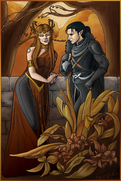 Art nouveau styled print of Keyleth and Vax’ildan from Critical Role standing before a stone wall. Keyleth leans on the wall, while Vax stands beside her. Large leaves and flowers are in front of Vax, while behind are trees with orange and gold tops.