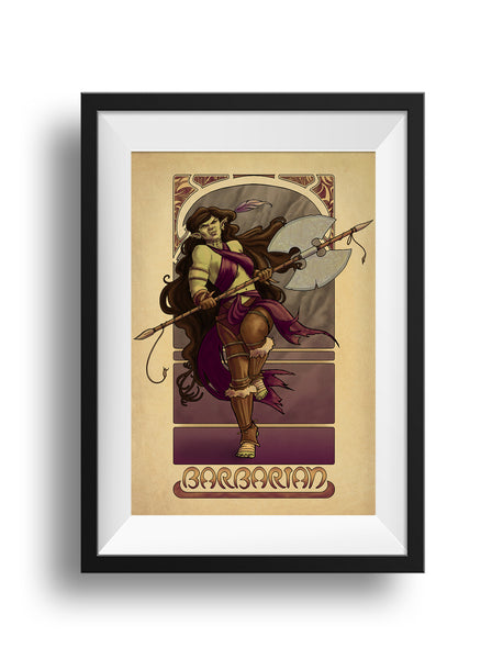 A black frame with a white mat holds a digital print of a green-skinned half orc woman, running toward the viewer with a massive battle axe in hand. She has long flowing deep brown hair, and is dressed in minimal leg armor and flowing purple wrap. The design is enclosed by a frame with the word BARBARIAN at the bottom.
