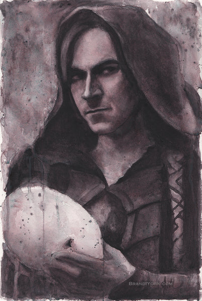 A monochrome portrait of Matthew Mercer was painted with dark muted purple watercolors, taken from a shot from the Campaign 1 opening credits, as Matt removed the mask from his face, looking toward the camera.