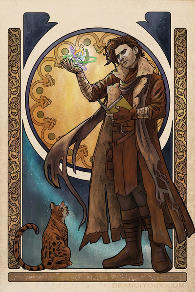 Art nouveau styled print of Caleb from Critical Role, his coat and scarf billowing, a diamond with spell effects around it in his raised right hand, his spell book in his left. Frumpkin sits at his feet, watching. The frame is a mix of magical cosmos and flame.