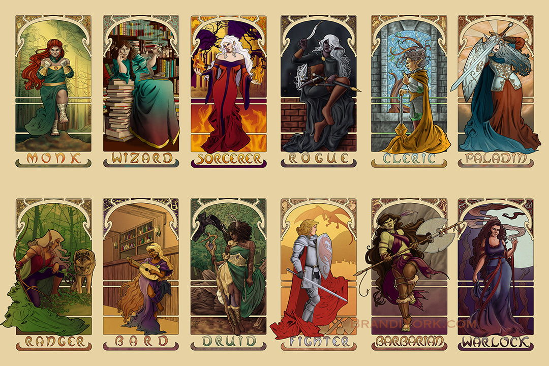 A digital art grouping of the 12 pieces in the set - top row features Monk, Wizard, Sorcerer, Rogue, Cleric, and Paladin. Bottom row features Ranger, Bard, Druid, Fighter, Barbarian, and Warlock.