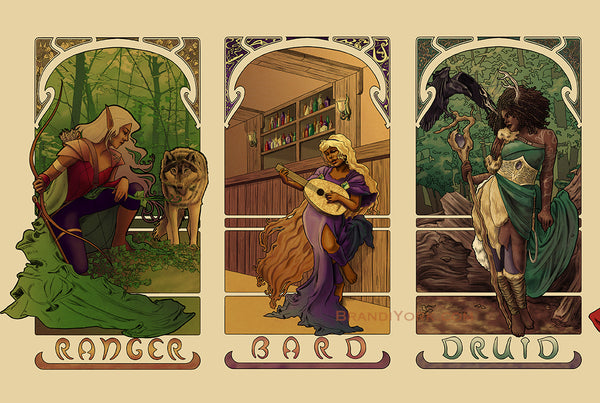 A group consisting of an elven Ranger and her wolf in the forest, a halfling Bard singing with her lute, and a human Druid watching a raven approach her.