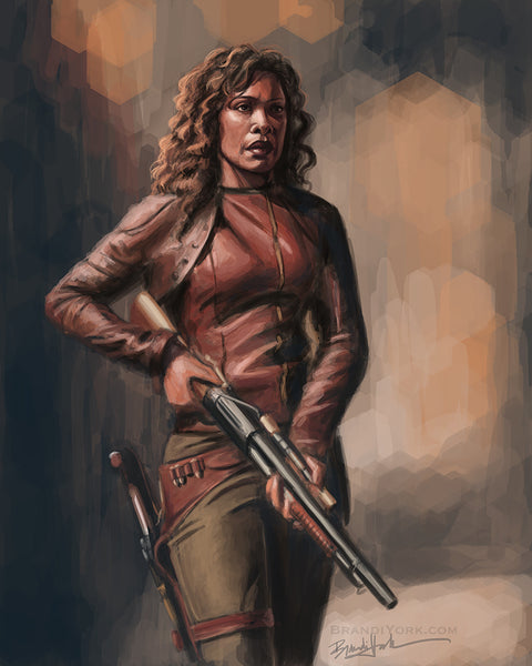 A digital painting of Zoe Washburn from Firefly holding a shotgun with a vague impression of background in dark blue and gold.